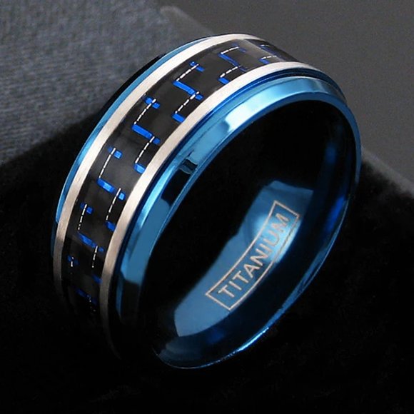 Titanium Wedding Band (8mm). Blue Ring w/ Blue and Black Carbon Fiber Inlay. - Picture 3 of 3